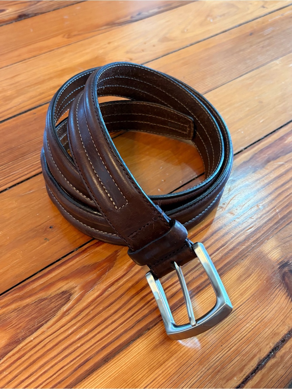 Men's Brown Leather Belt with Silver Buckle - Classic Stitched Design